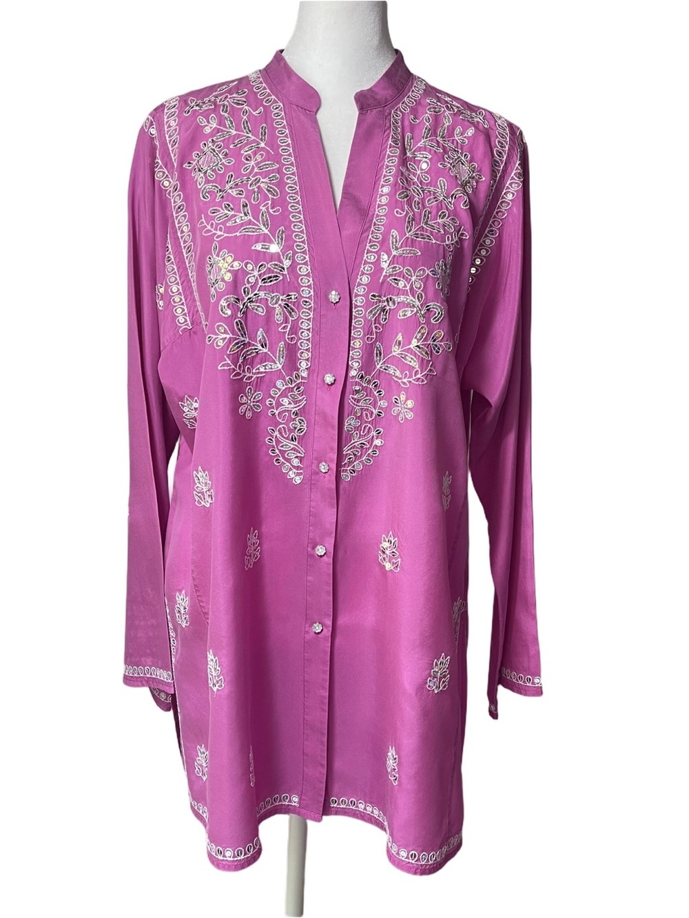 GO Silk 100% Silk Tunic Blouse Mandarin V-Neck Button Down Sequins Embroidered